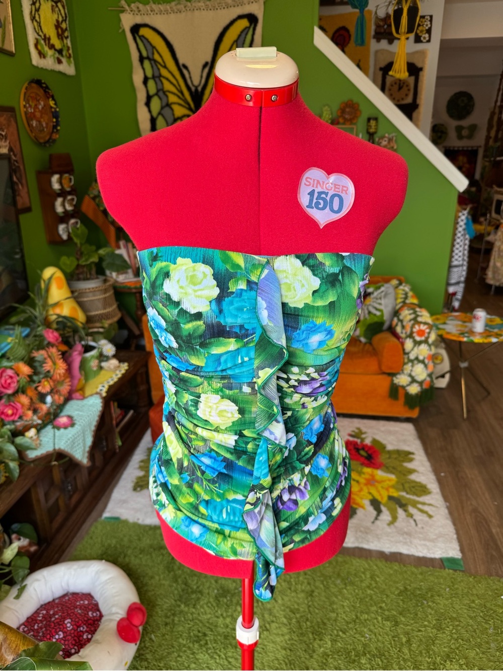 Suzy Shier Strapless Floral Tube Top — Green & Blue